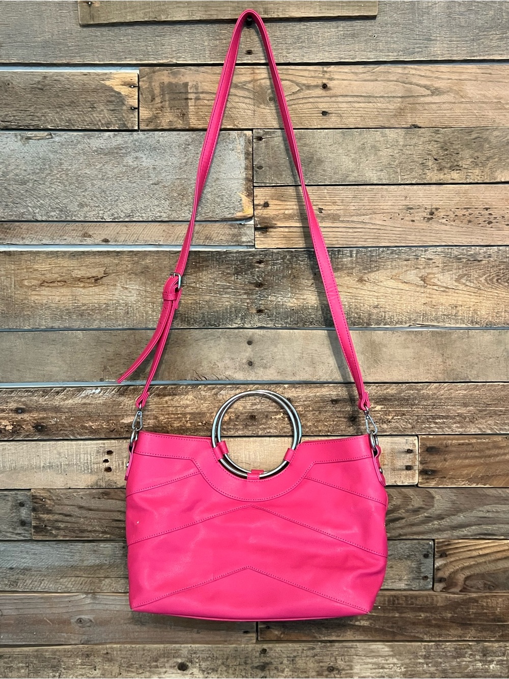 Pink Shoulder Bag with Silver Ring Handle